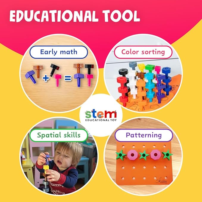 Skoolzy Peg Board Set - Montessori Toys for 2 Year Old - 38 Pc Plastic Peg Board for Kids with Shapes - Occupational Therapy Toys with Pegs, Dice, Lacing String & Storage Bag