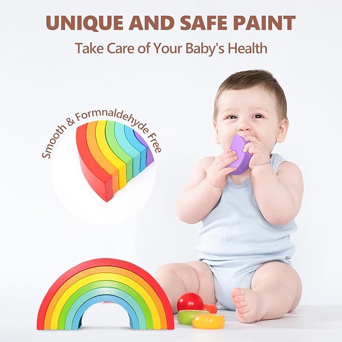 Wooden Rainbow Stacking Toy, Wood Peg Dolls Stacker Arch Game, Montessori Arch Bridge Rainbow Building Blocks, Colorful Stacking Blocks Puzzles for Kids 2 3 4 5 Years Old, Rainbow Decor Toys