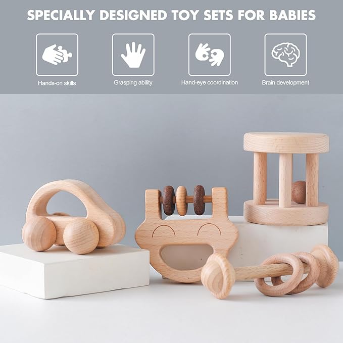 Wooden Baby Rattle Set, Newborn Wooden Rattle Toy, Natural Wooden Montessori Baby Grip Toy, Baby Gift Toy, Wood Rattle Set-4