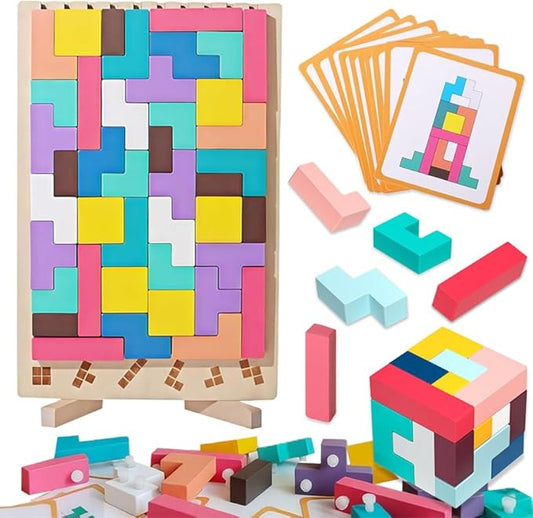 Wooden Colored 3D Russian Block Puzzle Toy, Wooden Block Puzzle Intelligence Brain Teasers Toy, Montessori Educational Gift for Boys and Girls Board Game Educational Toys for Toddlers Brain Teasers