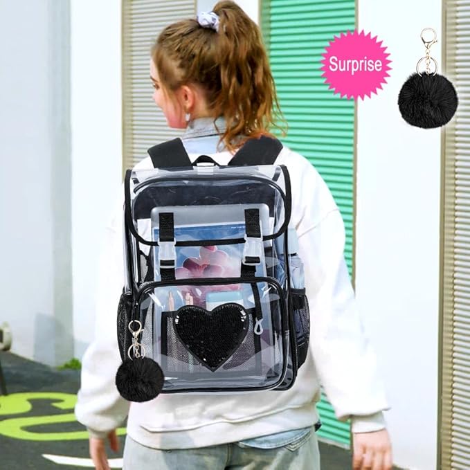 17" Sequin Clear Backpack for Girls - Sparkle Flip Design Stadium Approved 3Pcs Set, Heavy Duty PVC Bookbag for Concert/School (Black)
