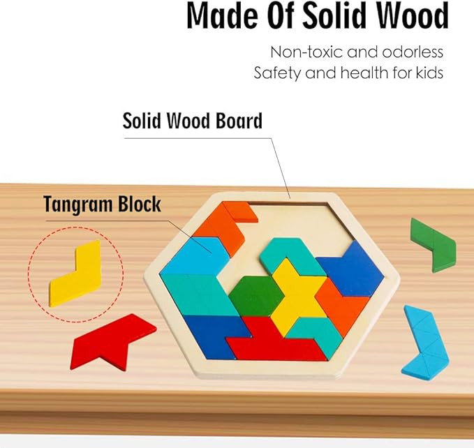 Skrtuan Wooden Hexagon Puzzle for Kid Adults Brain Teaser Blocks Puzzles Games Toy Shape Pattern Block Tangram Geometry Logic IQ STEM Montessori Educational Gift for Kids Children Boys Girls
