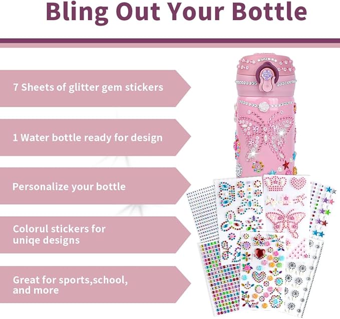 Gifts for Girls, Decorate Your Own Water Bottle for Girls with Gem Stickers, Girls Fun DIY Arts and Crafts Kit for Children Ages 4-6-8-12, Birthday Gifts for Teen Graduation Back to School Gift Ideas