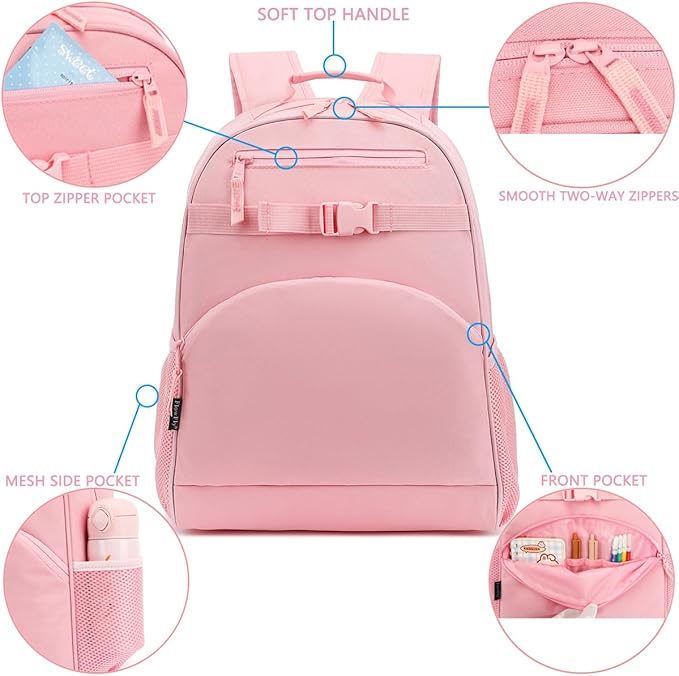 FlowFly Kids Backpack for Toddler Boys Girls, Simple Lightweight Bookbag for Daycare Kindergarten Elementary School Travel, Small Modern Bag (Large), Pink