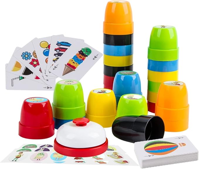 Quick Cups Games Set for Kids,Classic Speed Cups Games Set Parent-Child Interactive Game,24 Cups,24 Stickers,1 Bells,54 Challenges Cards