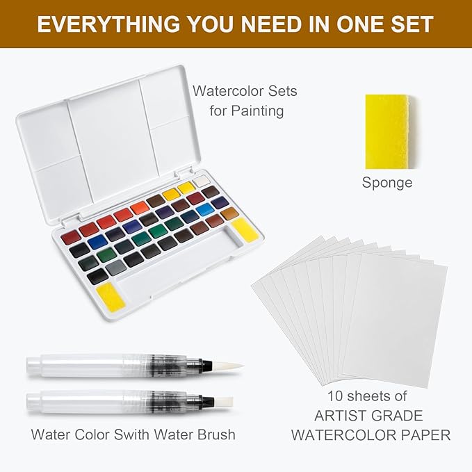 Woomer Watercolor Paint Set, 36 Vibrant Colors with Water Brush & 10 Premium Cotton Watercolor Papers (32K), Perfect for Beginners, Students, Hobbyists and More