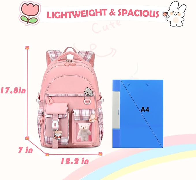 Girls Backpack，Cute School Backpack for Girls Kids Teens，Kawaii Bookbag for Primary Elementary，Pink