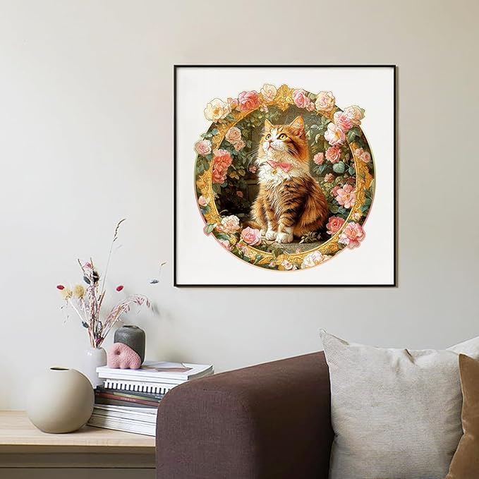 Wooden Jigsaw Puzzle, 200-500 Pieces Unique Shape Animal Puzzle, for Adults & Kids, Birthday Gift Family Game, Decorative Puzzle, Unique Gift (Rosy Kitty, 200 PCS)