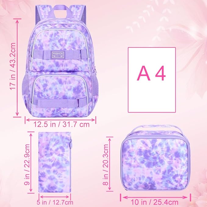 UFNDC Backpack for Girls, 17.5" Water Resistant Cat Galaxy Tie-Dye School Backpacks, Teens Bookbag for Women College Middle