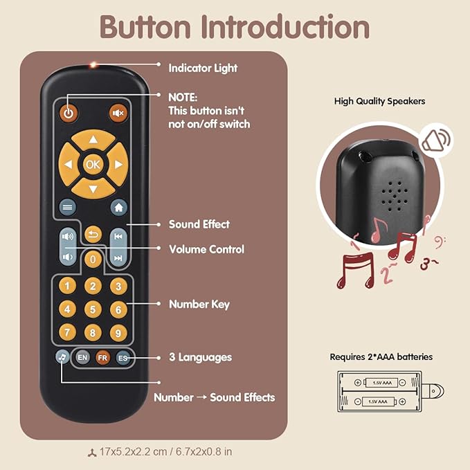 Nueplay Baby TV Remote Control Toy with Light and Sound, Toddler Realistic Controller with 3 Languages, Early Educational Learning Musical Toys, Preschool Infant Boys Girls 6, 12, 18 Months, Black