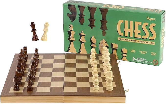 Regal Games Wooden Chess Sets for Adults with Folding Chess Board (15 x 15) & Wood Chess Pieces | Travel & Portable Table Games for Fun Family Game Night
