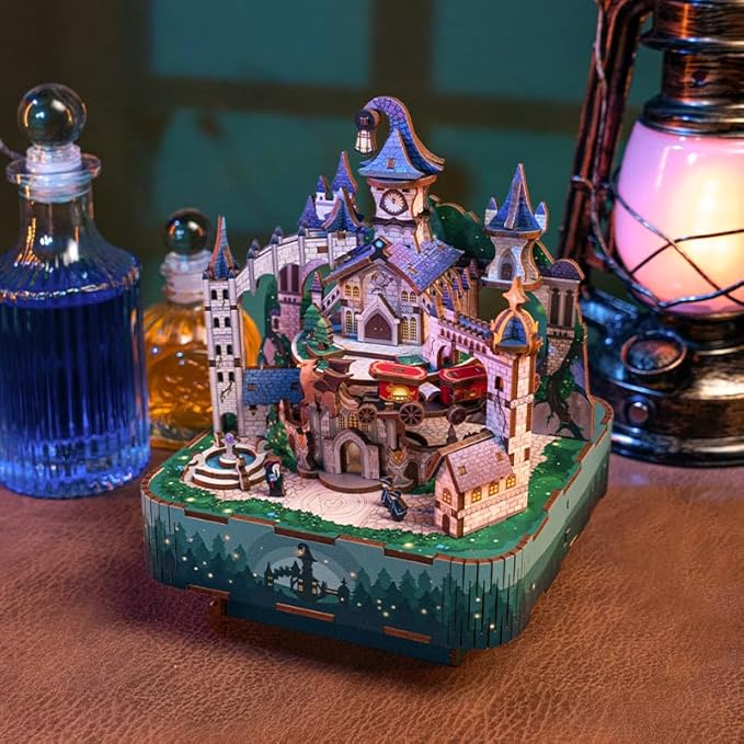 Tonecheer Wooden Music Box Puzzle for Adults,DIY Rotating Music Box Kit 3D Creative Musical Puzzle Crafts Model Building Kits Desk Decor for Teens Kids Birthday Gift (Magical Castle)