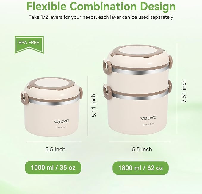 Voova Stackable Stainless Steel Thermal Lunch Box with Lunch Bag for Women Men Adult, 2 Tier Leakproof & Microwave Safe Insulated Bento Boxes Food Container for Work School, Beige