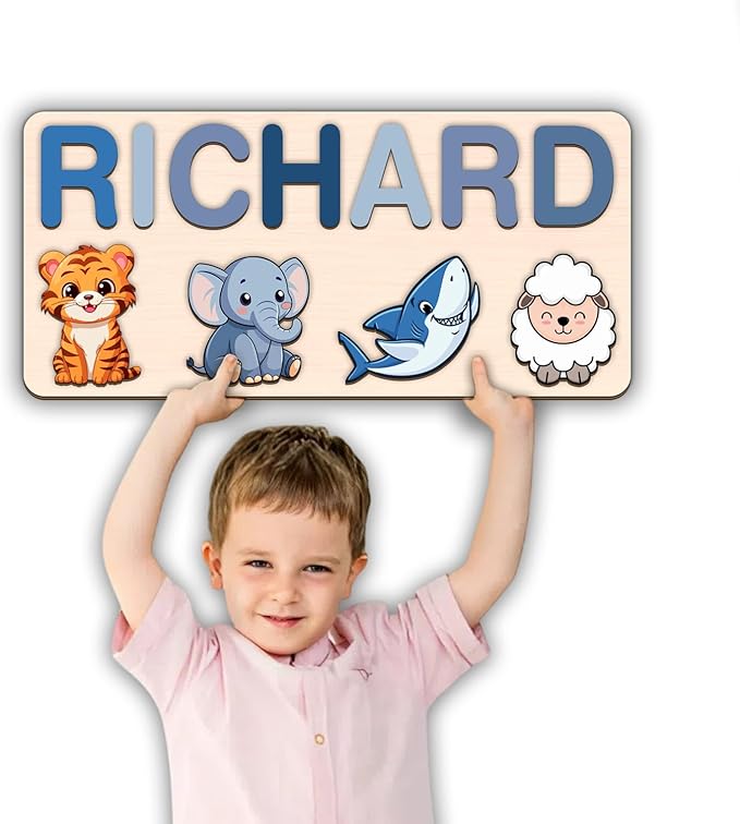 LOVELYPOD Personalized Name Puzzle for Kids, Custom Name Puzzles for Toddlers 1-3 Animal Puzzle, Customized 1st Birthday for Girls & Boys Wooden Toys for Kids, for New Baby - Style 11