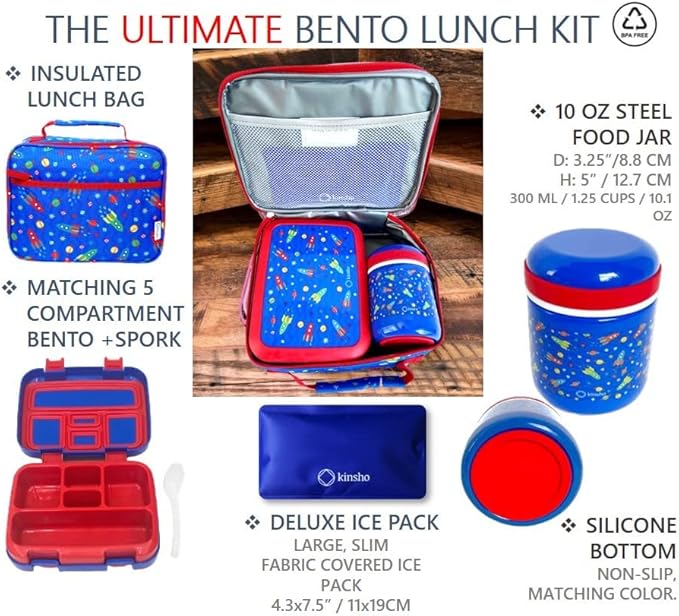 Bento Box with Thermo Stainless Steel Food Jar for Hot-Cold Food or Soup, Insulated Lunch Bag & Ice Pack Set for Kids or Toddlers. Ages 3-7, Blue Space Rockets
