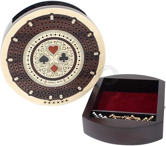 House of Cribbage - Round Shape 3 Track Non-Continuous Cribbage Board - Push Drawer Storage for Pegs and 1 Deck of Cards with Score Marking Fields for Won Games (Maple Wood/Rosewood)