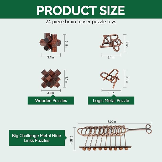 24 Pcs Brain Teaser Puzzles for Adults - Metal Puzzles 3D Puzzle Game Toys for Adults Teens - Wooden Unlock Interlocking Puzzle Adult IQ Education Smart Toys