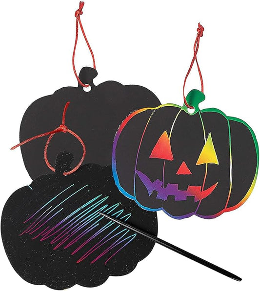 Neliblu Halloween Scratch Art Trick or Treat Paper Crafts Kit Bulk Pack of Halloween Pumpkins with Magic Rainbow Colors - 24 Pumpkin Ornaments, 24 Scratch Sticks, 24 Ribbons