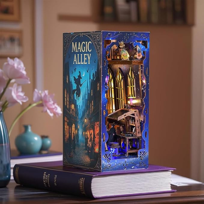 DIY Book Nook Kit for Adults - Magic Alley Miniature House Diorama, 3D Wooden Puzzle Bookend Bookshelf Insert Decor with LED Light, Wizard-Themed Miniature Kit Gifts for Fantasy Lovers