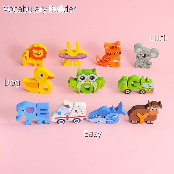 Animal Alphabet Wooden Puzzle - Montessori ABC Learning Toy for Toddlers Ages 3-5, Educational Stacking Blocks with Uppercase Letters - Preschool Learning Activities Toys