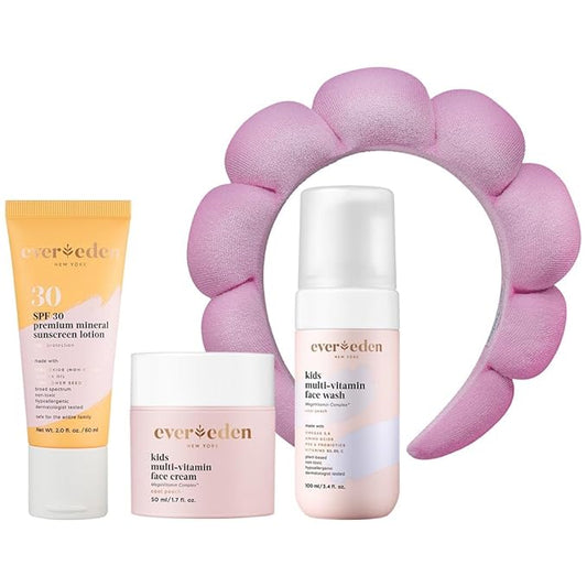 Evereden Kids Skincare Bundle: 1-2-3 Routine with Multi-Vitamin Peach Face Wash, Cream, SPF 30 & Spa Headband – Gentle, Nourishing Skincare & Fun Hair Management for Kids – Perfect for Daily Care