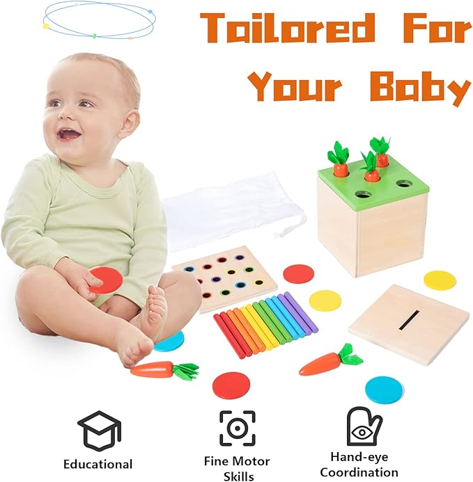 Wooden Montessori Toys for 1 2 3 Year Old Baby Gifts,Play Kit Box Includes Carrot Harvest Games, Montessori Coin Box for 6-12 Months and Fine Motor Skills Toys for 1 Year Old (3-in-1)