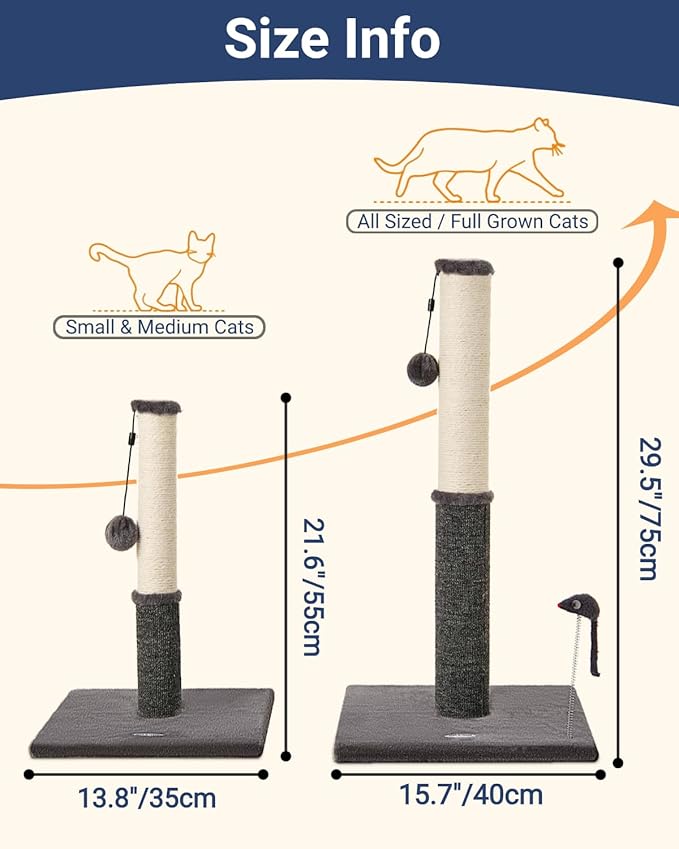 Happi N Pets Cat Scratching Post, Cat Scratcher for Indoor Cats, Sisal Scratching Post & Carpet Post in One, Stable Kitten Scratching Post with Replaceable Toy, Extra Free Toy, Smokey Gray