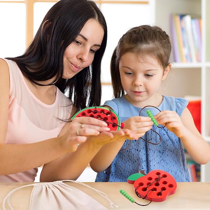 KLT Wooden Lacing Toy for Toddlers: Apple Watermelon Threading Toy - Preschool Fine Motor Skill Learning - Early Educational Gifts for 3 4 5 Kids