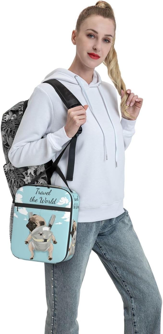 Cute Pet Pug Reusable Lunch Box Food Bag Insulated Lunch Bag for Teenage Boys Girls School Beach
