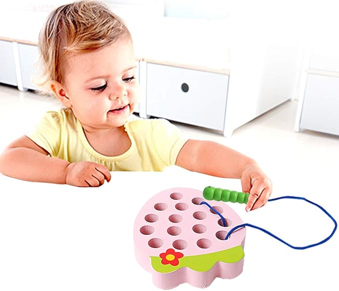 Skrtuan Wooden Lacing Threading Toys Wood Block Puzzle Car Airplane Travel Game Montessori Early Development Fine Motor Skills Educational Gift for 3 4 5 Years Old Toddlers Baby Kids, 1 Strawberry