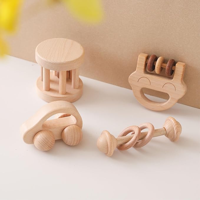 Wooden Baby Rattle Set, Newborn Wooden Rattle Toy, Natural Wooden Montessori Baby Grip Toy, Baby Gift Toy, Wood Rattle Set-4