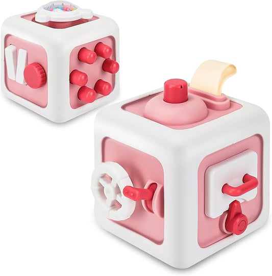 Toys for 1 Year Old Boy Girl, Montessori Busy Board Busy Cube, Travel Toys for Toddlers 1-3, 1 Year Old Girl Boy Gifts, Pink