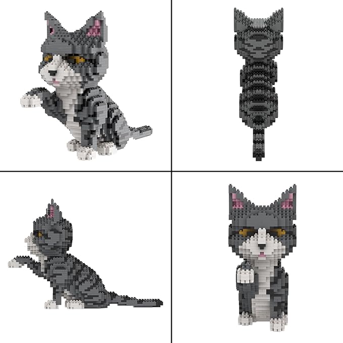 Larcele Cat Mini Building Blocks Animal Set, DIY Micro 3D Building Toy Bricks,1300 Pieces KLJM-05(Grey and White Cat)