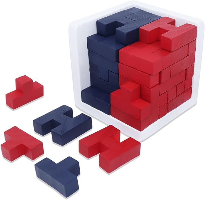 3D Wooden Brain Teaser Puzzle Cube Wooden Puzzles T-Shaped Jigsaw Logic Puzzle Game Puzzles Educational Toy for Kids and Adults (Red)