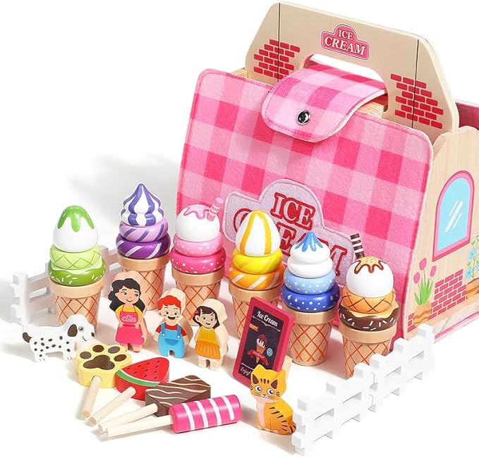Wooden Ice Cream Shop Toy Set with Handbag, 39 Pcs Pretend Play Food & Ice Cream Toys for Toddlers 3-5 Birthday Gift , Montessori Learning Educational Toys Color Sorting, Play Kitchen Accessories