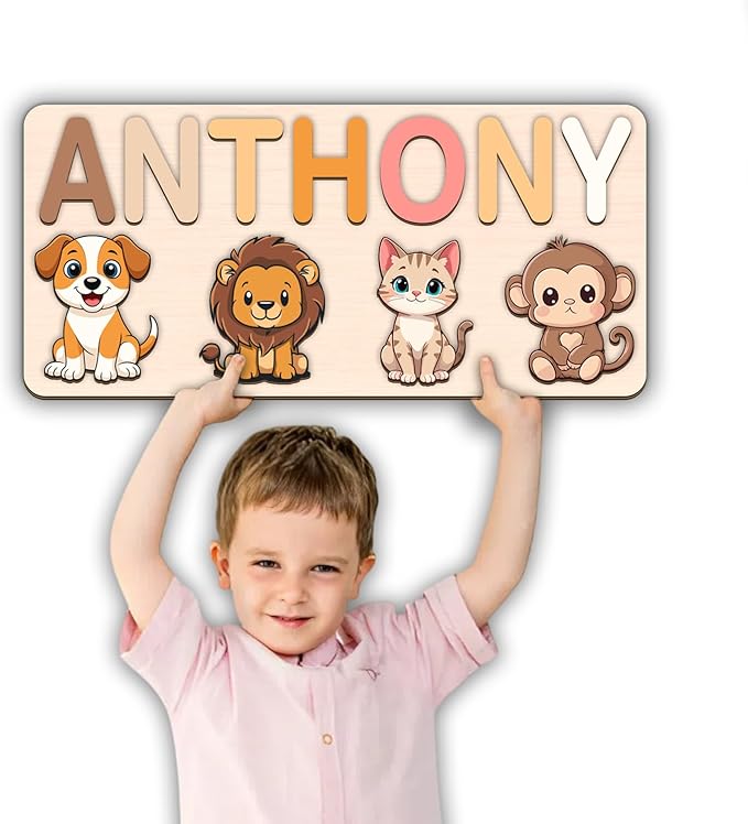 LOVELYPOD Personalized Name Puzzle for Kids, Custom Name Puzzles for Toddlers 1-3 Animal Puzzle, Customized 1st Birthday for Girls & Boys Wooden Toys for Kids, for New Baby - Style 12