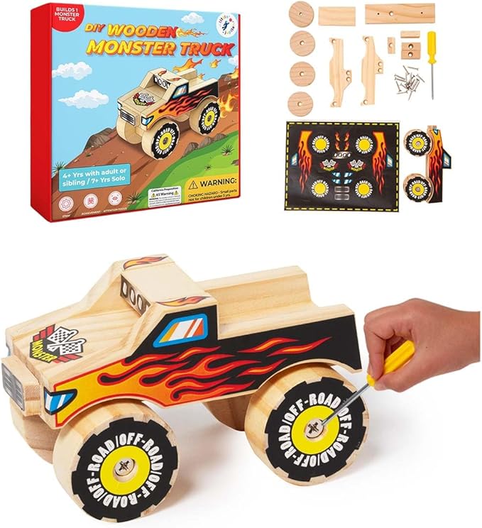 Little Jupiter DIY Wooden Kits w/Stickers - Kids Building Kit - Stem Toys for Ages 4-7 - Wood Crafts for Kids - Woodworking Kits (Monster Truck 1)