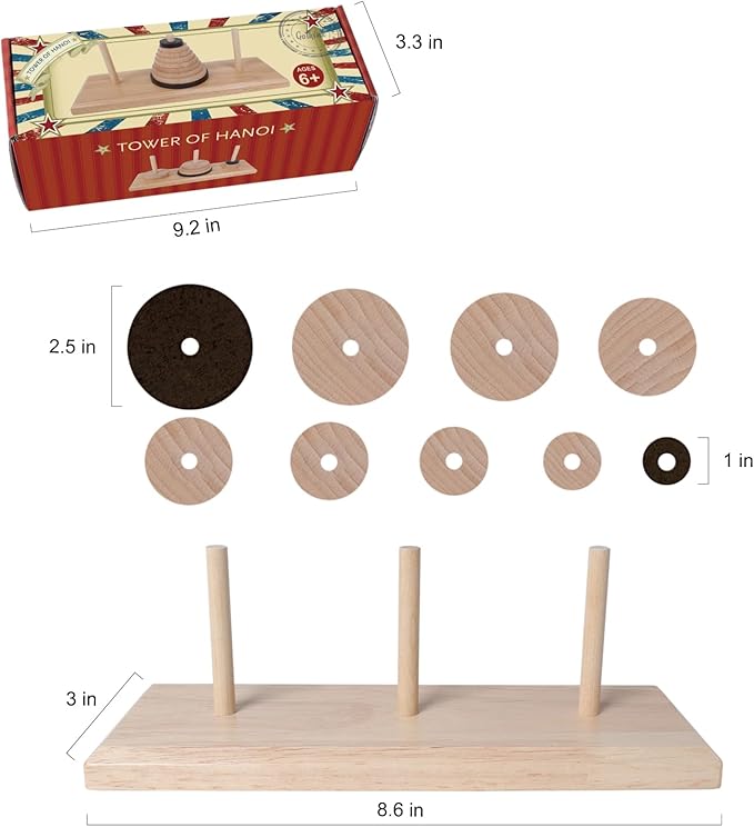 Gothink Wooden Nine-Storey Tower of Hanoi Logic Puzzle Brain Teaser Intellectual Toy for Kids and Adults