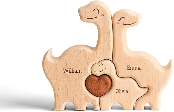 Wooden Dinosaur Family Puzzle, Personalized Puzzles with 2-5 Names, Fathers Day Birthday Wedding Gifts for Mom Dad Women Men, Home Decor Housewarming Gifts for Parents Couple