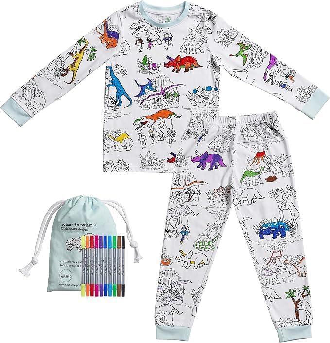 eatsleepdoodle coloring pajamas for boys and girls, with 10 washable markers, Kids Colorable Pajama 100% cotton