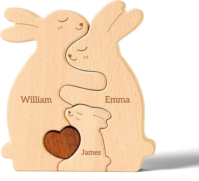 Rabbit Family Puzzle, Personalized Wooden Puzzles with 2–5 Names, Easter Gifts for Kids, Unique Easter Anniversary Wedding Gifts for Women Men, Home Decorations for Family Couple
