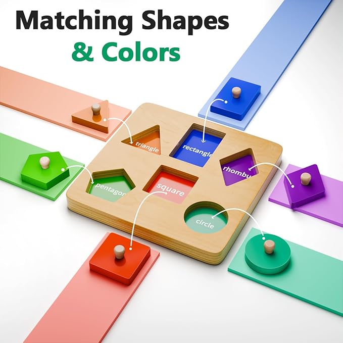 Wooden Shapes Puzzles for Toddlers : Montessori Toys for 3 4 5 Year Old Boy Birthday Gifts - Shape Color Match Peg Puzzles - Learning Educational Toys for Toddlers Age 3 4 Year Old Girl