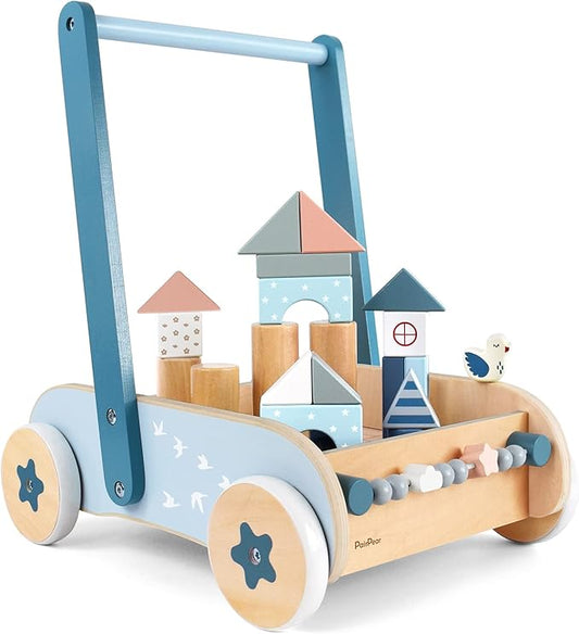 PairPear Wooden Baby Walker with Blocks & Brake – Montessori Push Cart, Adjustable Speed, Anti-Slip Wheels, Gift for 1-3 Y Boys & Girls