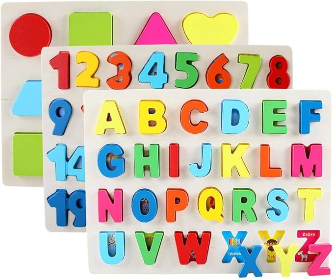 QZMTOY Wooden Puzzles for Toddlers, Wooden Alphabet Number Shape Puzzles Toddler Learning Puzzle Toys for Kids, 3 in 1 Puzzle for Toddlers, Age 3+ (Set of 3)