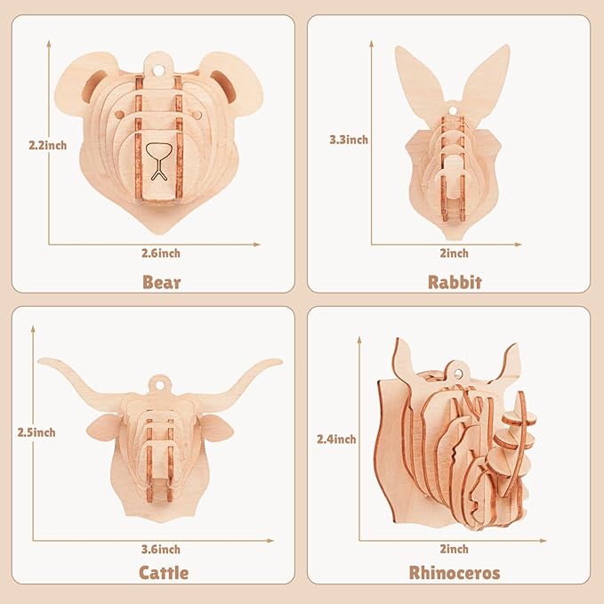 3D Wooden Puzzles for Kids, 8 Pcs Animal Assembly Model Wood Arts and Craft Puzzles Set, No-Glue DIY Delicate Pendant STEM Toys for Boys Girls Ages 6+, Educational Birthday Gift, Party Favors