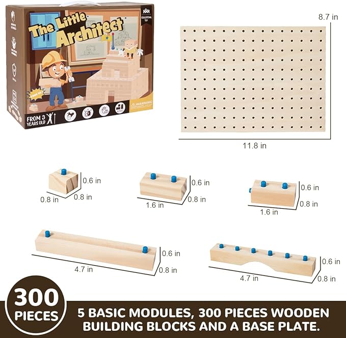 Wooden Building Blocks for Toddlers Ages 3 4 5 6 Years Old - 300 Pcs Wooden Blocks Little Architect Construction Toy for Boys & Girls, Kids Montessori Wooden Building Blocks Stacking Toy