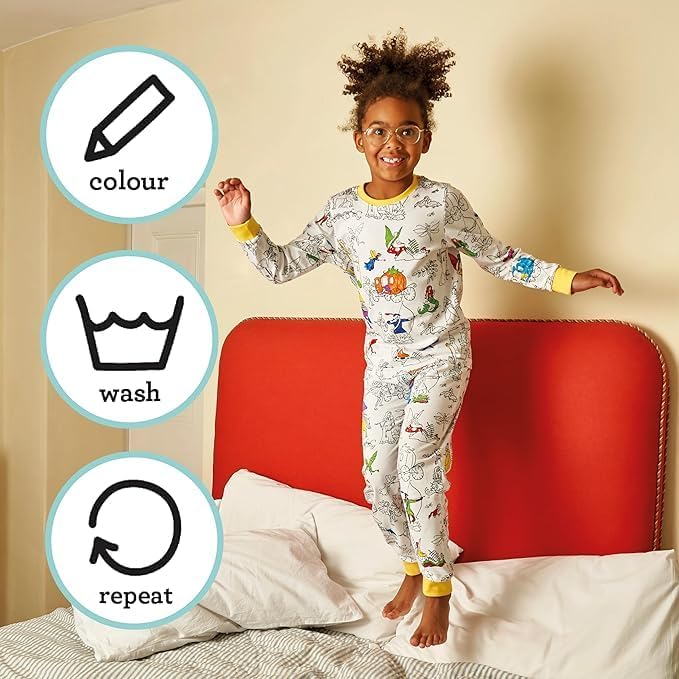 eatsleepdoodle coloring pajamas for boys and girls, with 10 washable markers, Kids Colorable Pajama 100% cotton