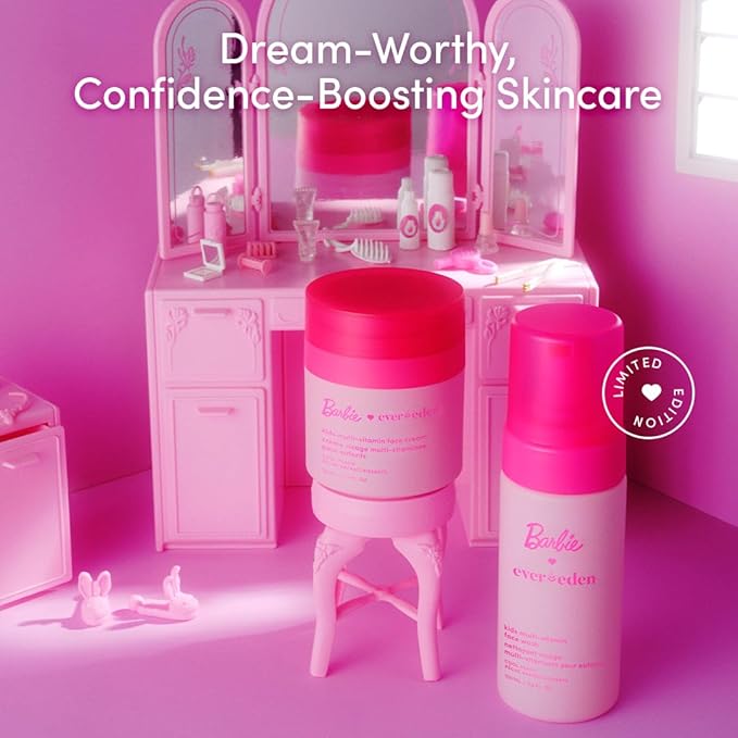 Evereden Barbie Limited Edition Kids Happy Face Duo + Exclusive Barbie Accessories | Multi-Vitamin Kids Face Wash & Cream Set with Stickers + Bracelets | Clean, Vegan Skin Care for Children 3+