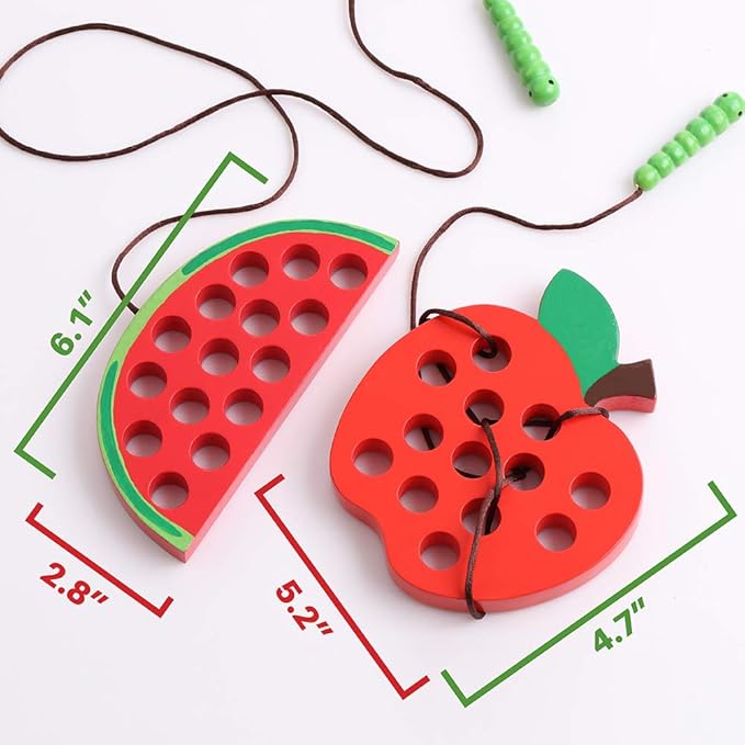 KLT Wooden Lacing Toy for Toddlers: Apple Watermelon Threading Toy - Preschool Fine Motor Skill Learning - Early Educational Gifts for 3 4 5 Kids