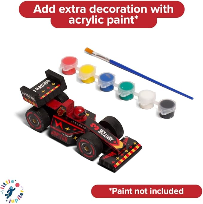 Little Jupiter DIY Wooden Kits w/Stickers - Kids Building- Stem Toys - Wood Crafts - Woodworking - Wood Project for Ages 4-7 Yrs (Open Wheel Car)